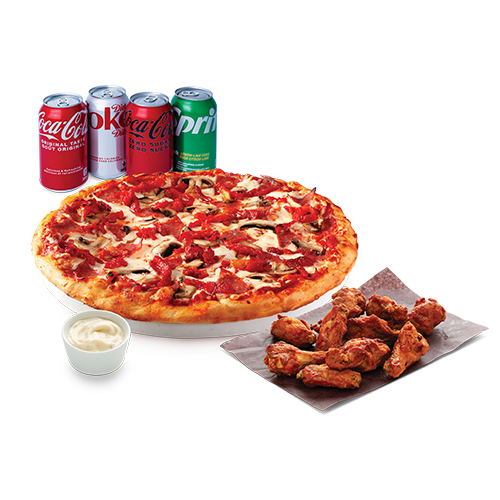LARGE PIZZA, WINGS, DRINKS + DIP