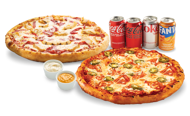 2 LARGE PIZZAS, DRINKS + DIPS