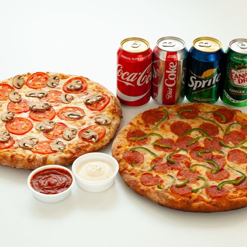 2 LARGE PIZZAS, DRINKS + DIPS